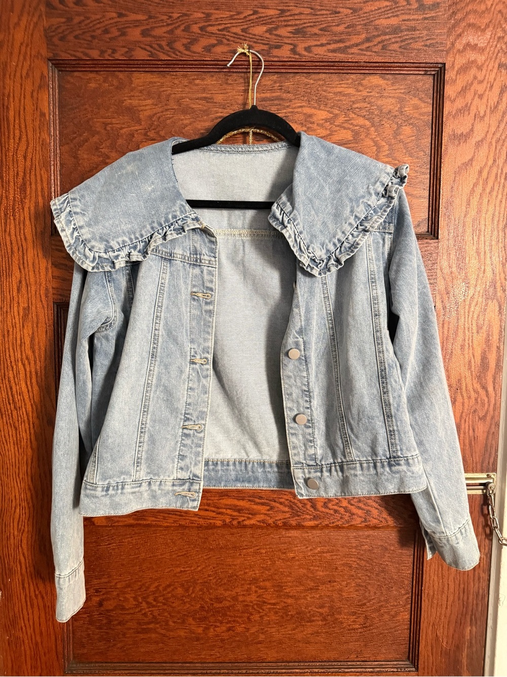 Mable Light Blue Ruffle-Collar Denim Jacket - Size XS